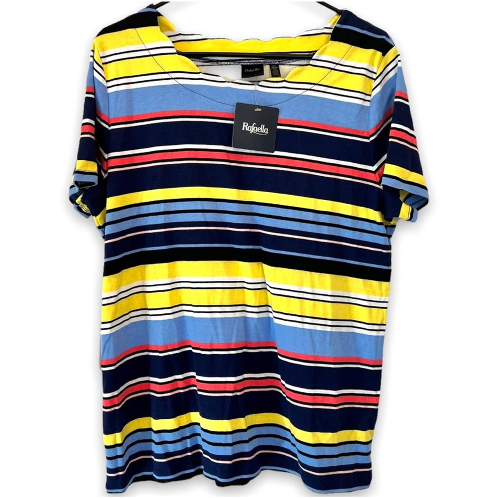 🌸 NWT Rafaella | Women's Striped Short-Sleeve Scallop Neckline Top